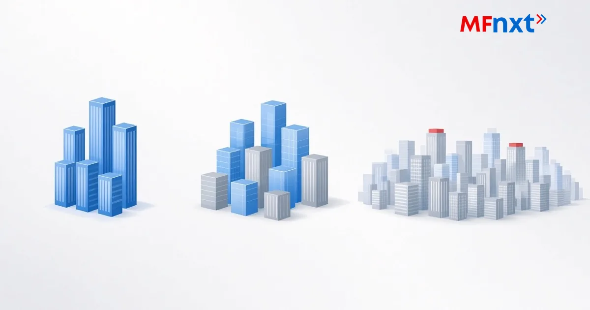 Illustration comparing a narrow group of large companies, a wider group, and a broader market universe